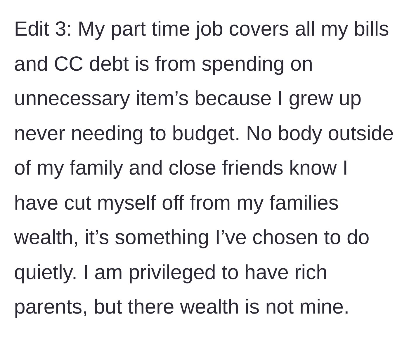 Story part 8 - Edit 3 clarifying her job covers bills but her debt is from unnecessary shopping