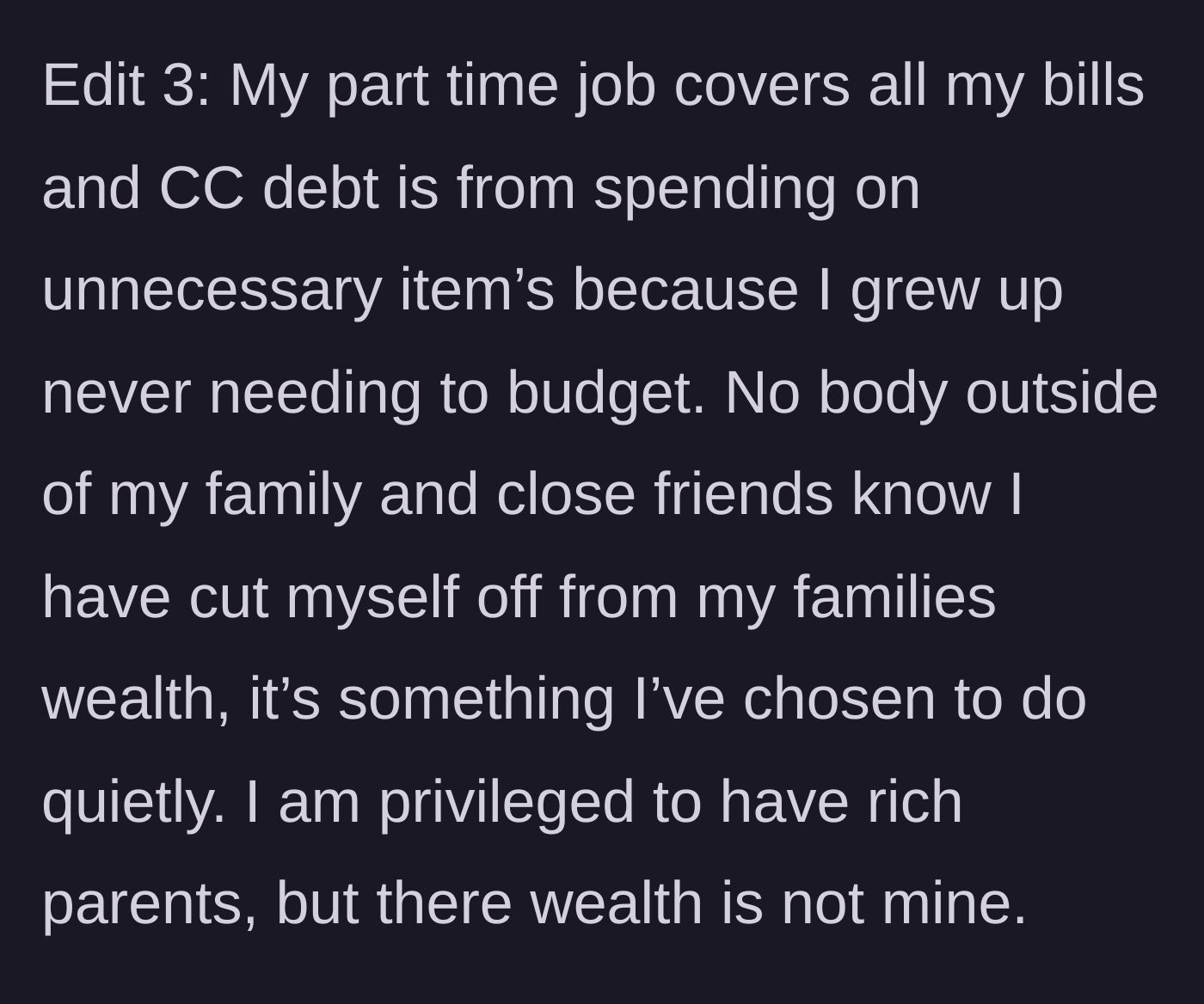 Story part 8 - Edit 3 clarifying her job covers bills but her debt is from unnecessary shopping