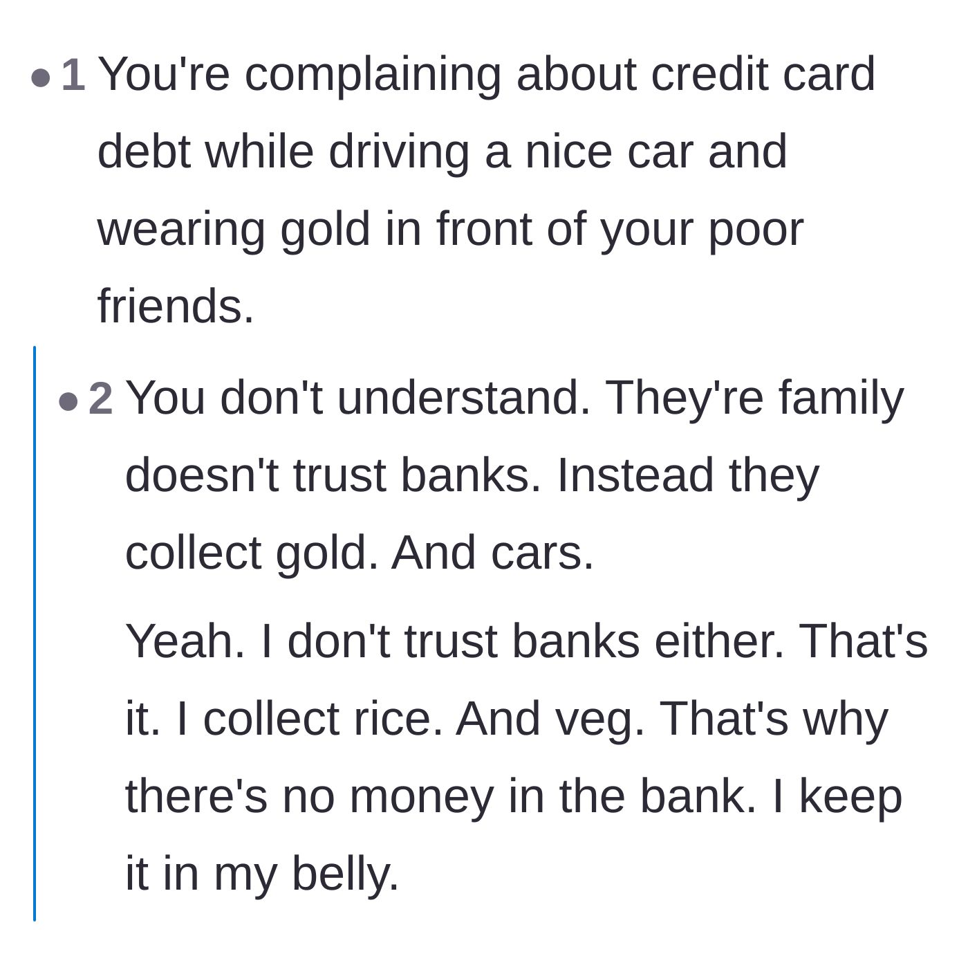 Comment thread 3 - A harsh critique of the family's financial literacy, specifically mocking the idea that buying 22-karat gold jewelry counts as a legitimate investment strategy