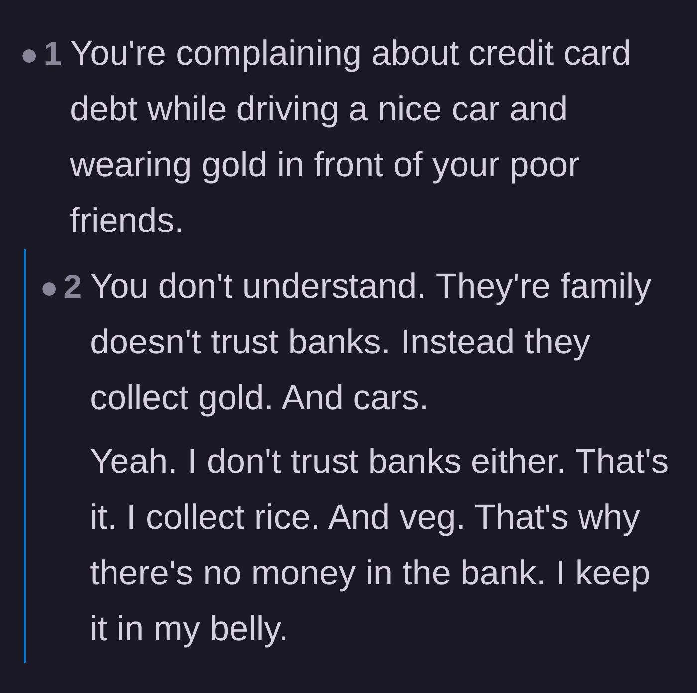 Comment thread 3 - A harsh critique of the family's financial literacy, specifically mocking the idea that buying 22-karat gold jewelry counts as a legitimate investment strategy