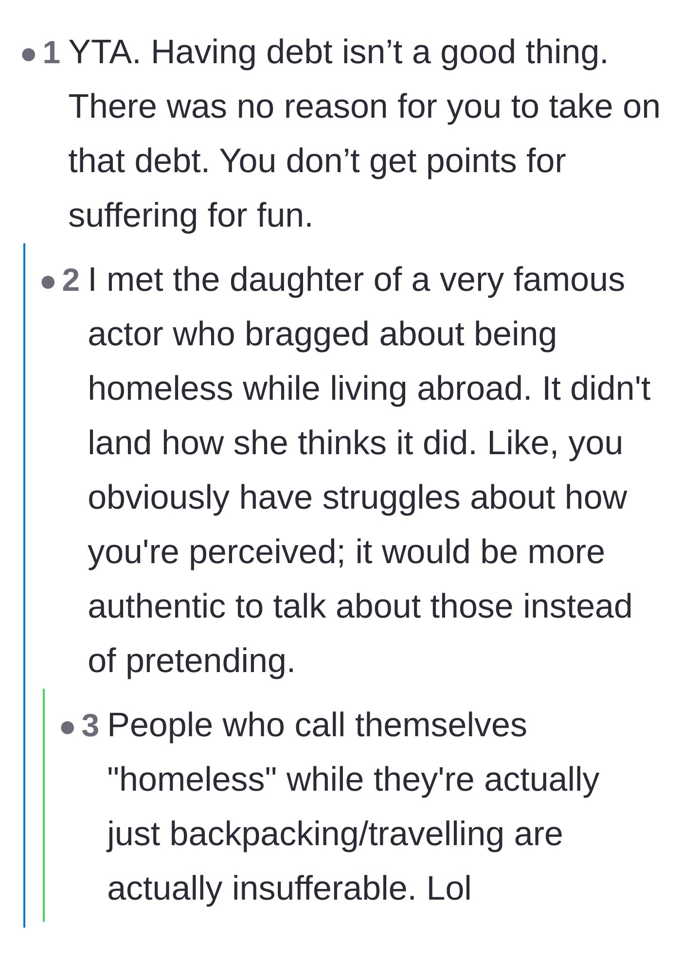 Comment thread 4 - A poignant discussion about the harsh realities and shame of actual housing insecurity versus pretending to struggle for aesthetic purposes