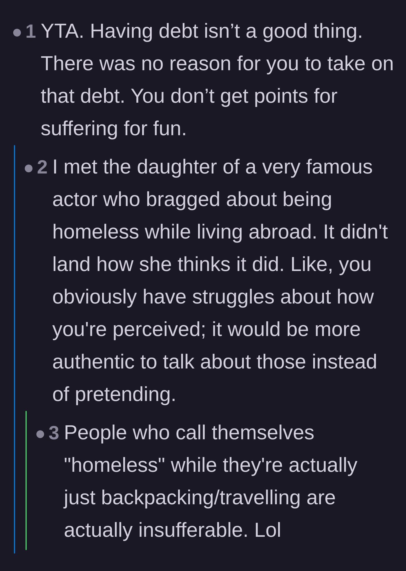 Comment thread 4 - A poignant discussion about the harsh realities and shame of actual housing insecurity versus pretending to struggle for aesthetic purposes