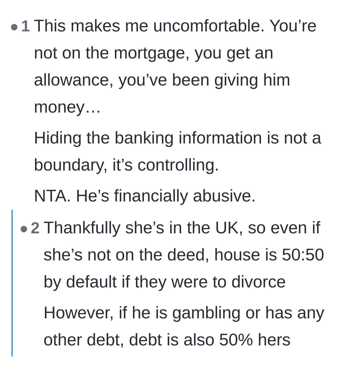 Comment thread 2 - Discussion on how hiding banking information constitutes financial abuse and the legal protections available in the UK.