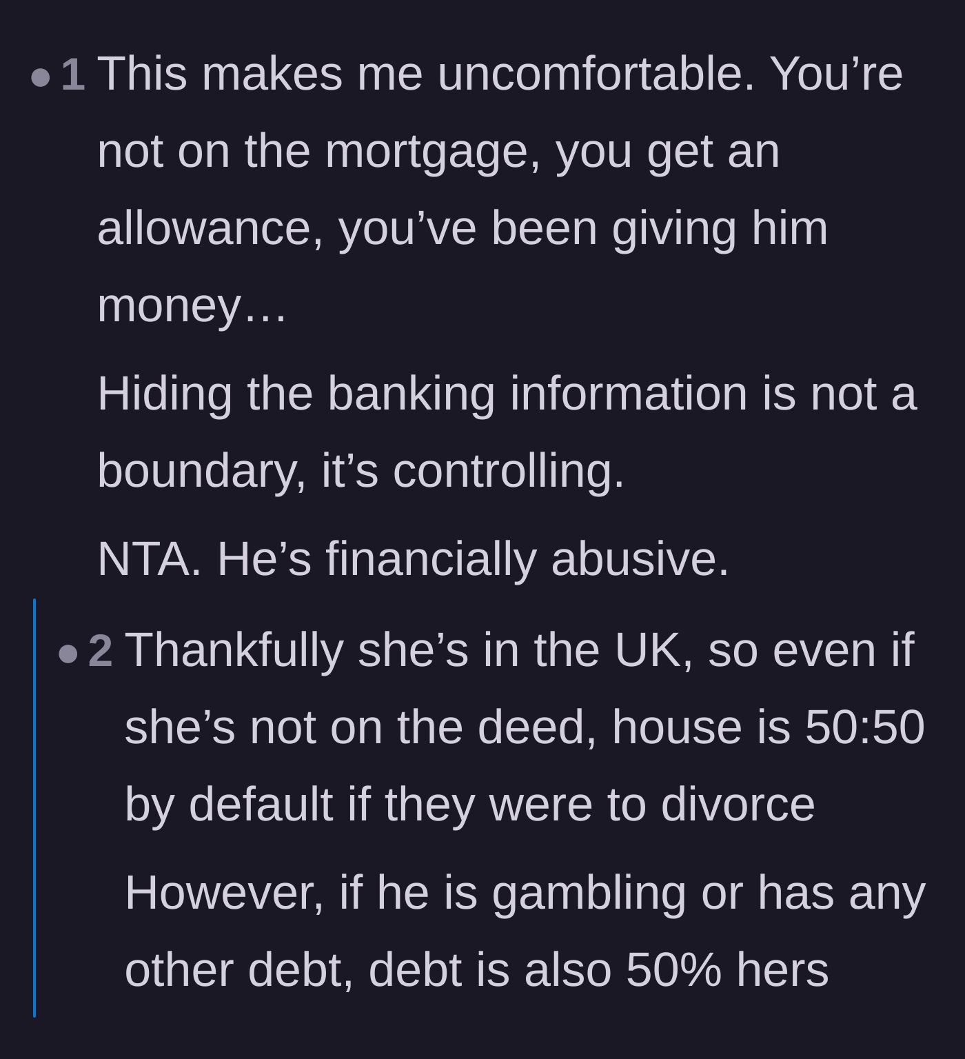 Comment thread 2 - Discussion on how hiding banking information constitutes financial abuse and the legal protections available in the UK.