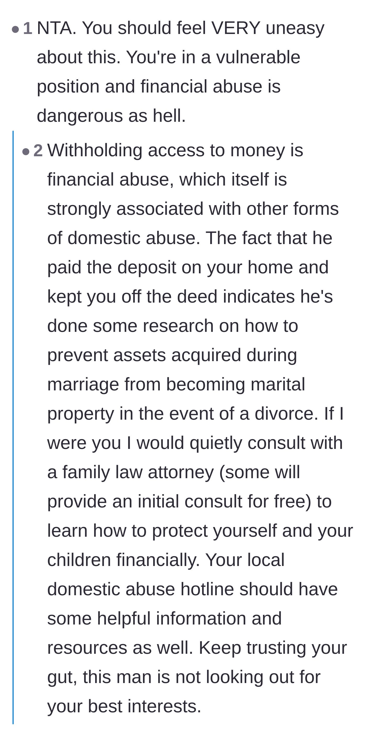 Comment thread 3 - Users point out that keeping the wife off the house deed shows premeditated financial gatekeeping.