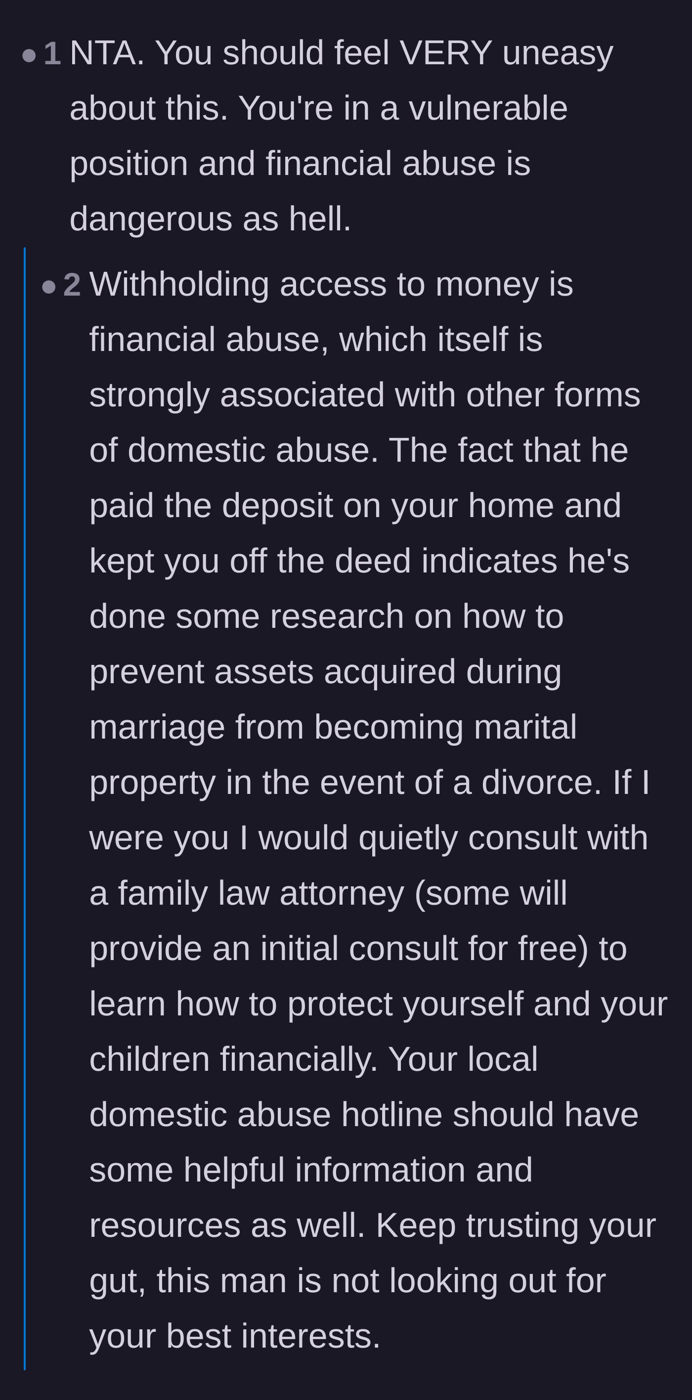 Comment thread 3 - Users point out that keeping the wife off the house deed shows premeditated financial gatekeeping.