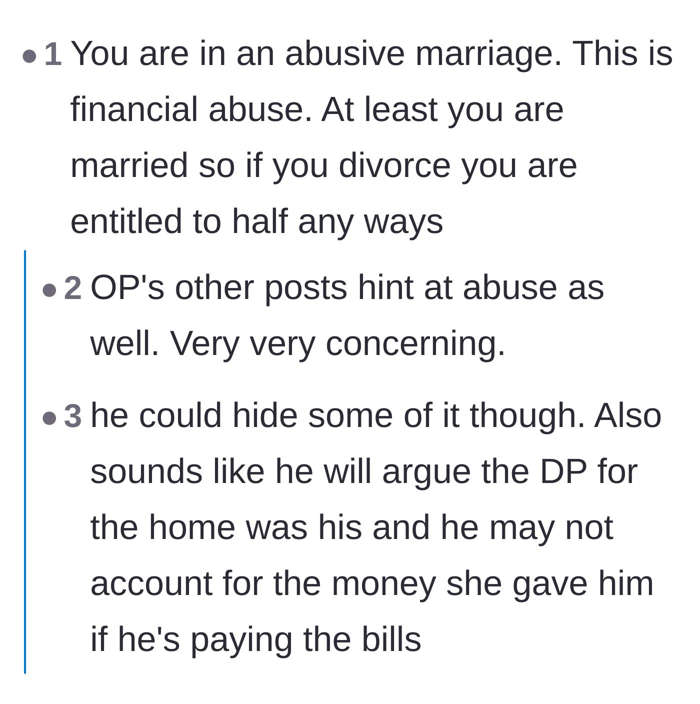 Comment thread 5 - Warnings that the husband might already be hiding the assets he controls.