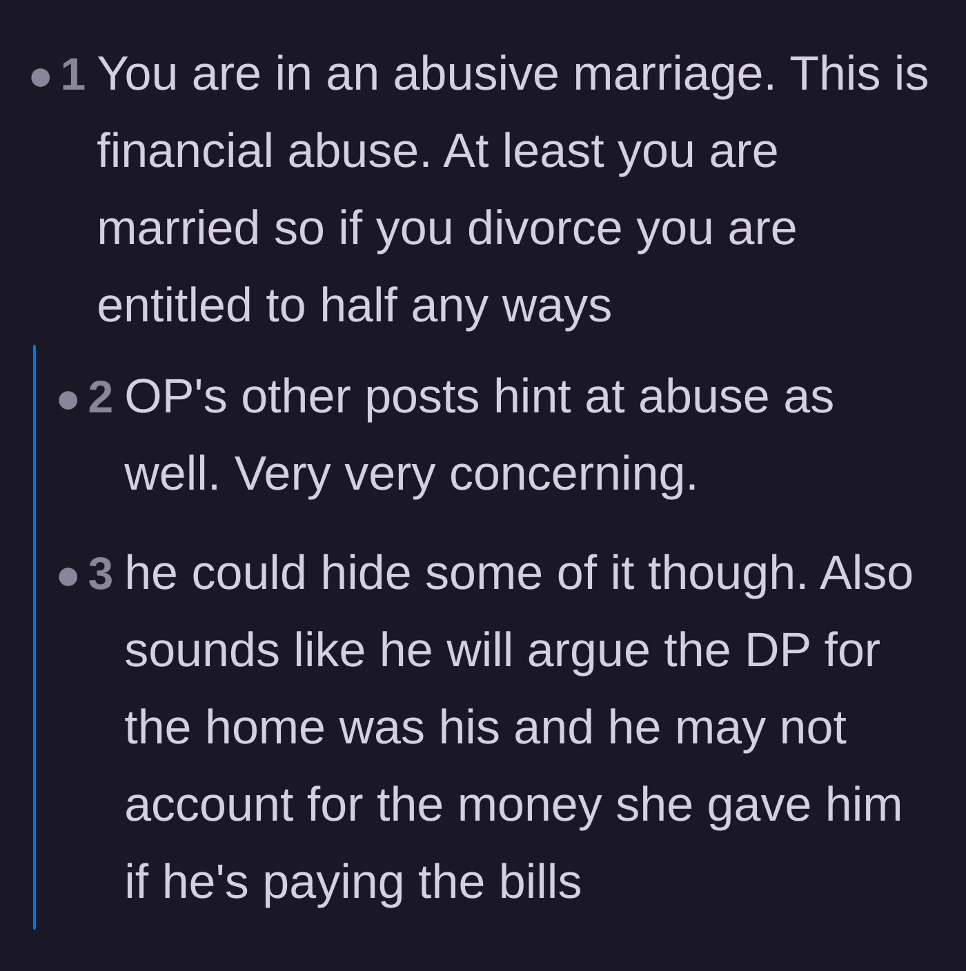 Comment thread 5 - Warnings that the husband might already be hiding the assets he controls.