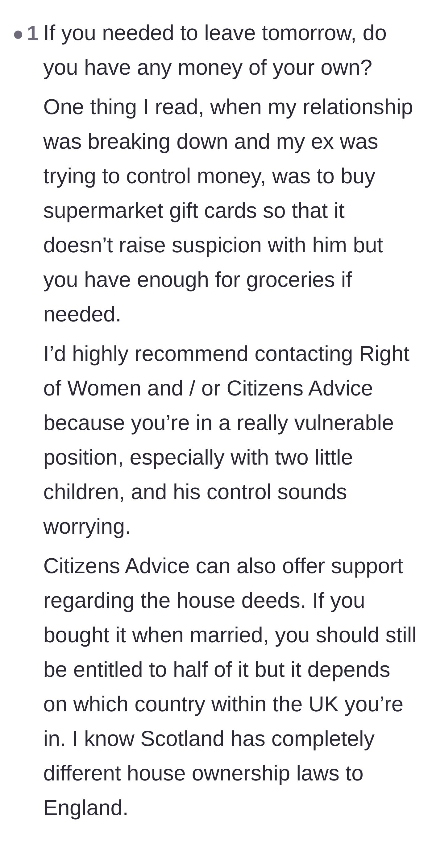 Comment thread 6 - Tactical advice on using grocery store gift cards to secretly build an emergency escape fund.