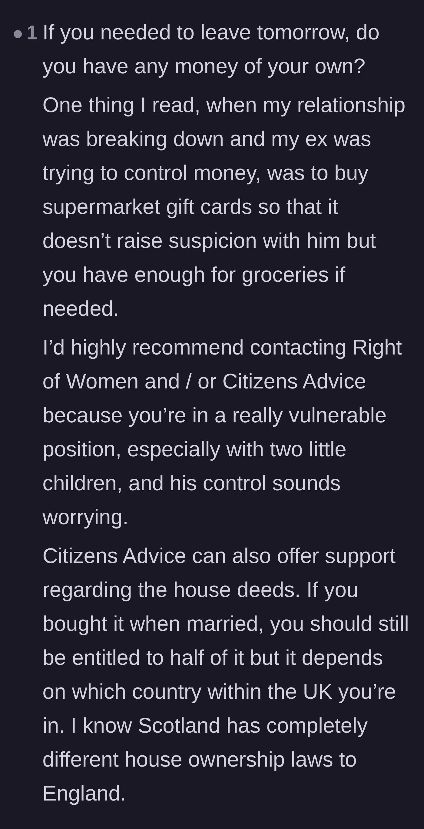 Comment thread 6 - Tactical advice on using grocery store gift cards to secretly build an emergency escape fund.