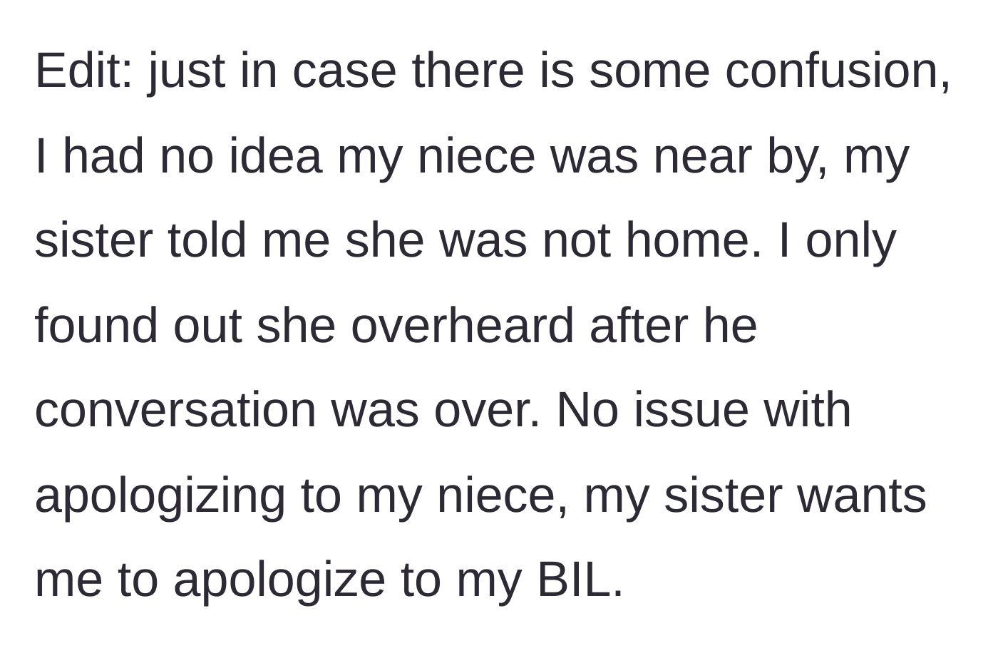 Story part 8 - A final clarification reveals the sister lied about the niece's whereabouts, and is demanding the sibling apologize to the husband, not the child.