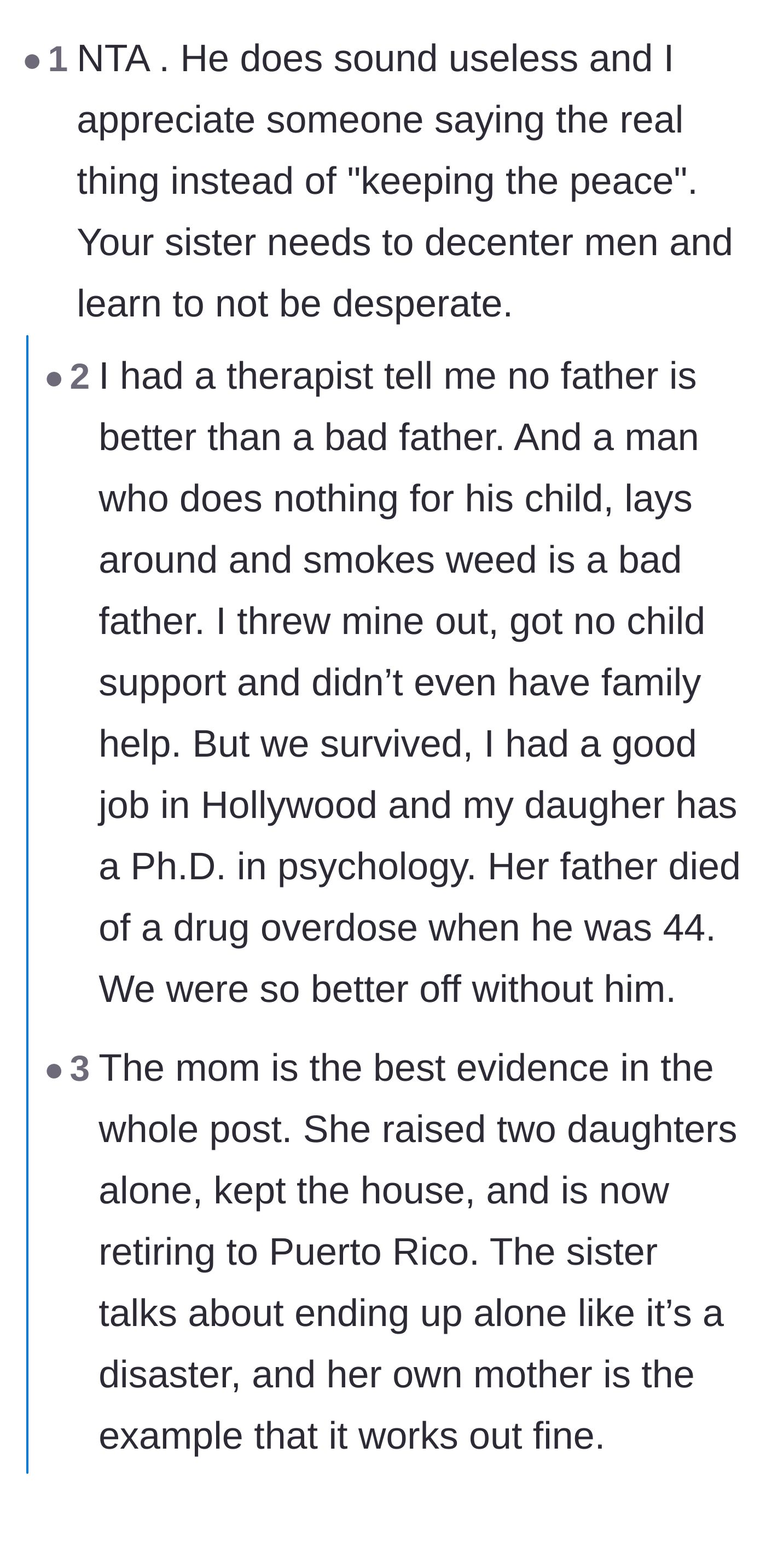 Comment thread 1 - Commenters share personal stories of growing up with useless fathers and debunk the sister's illusion of a happy childhood