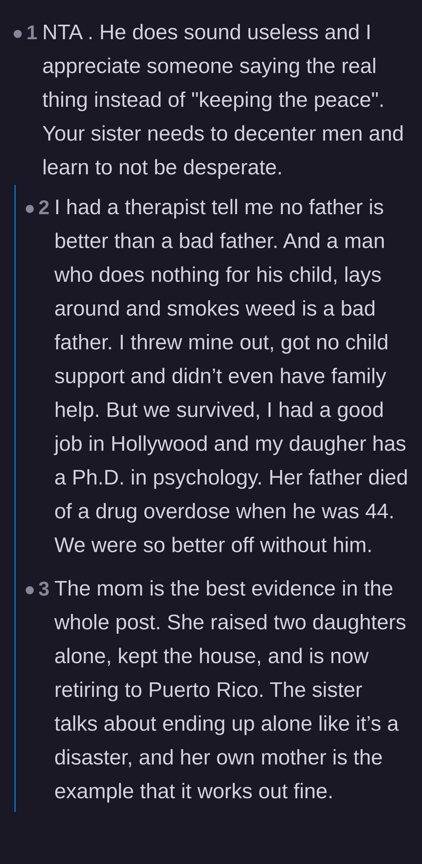 Comment thread 1 - Commenters share personal stories of growing up with useless fathers and debunk the sister's illusion of a happy childhood
