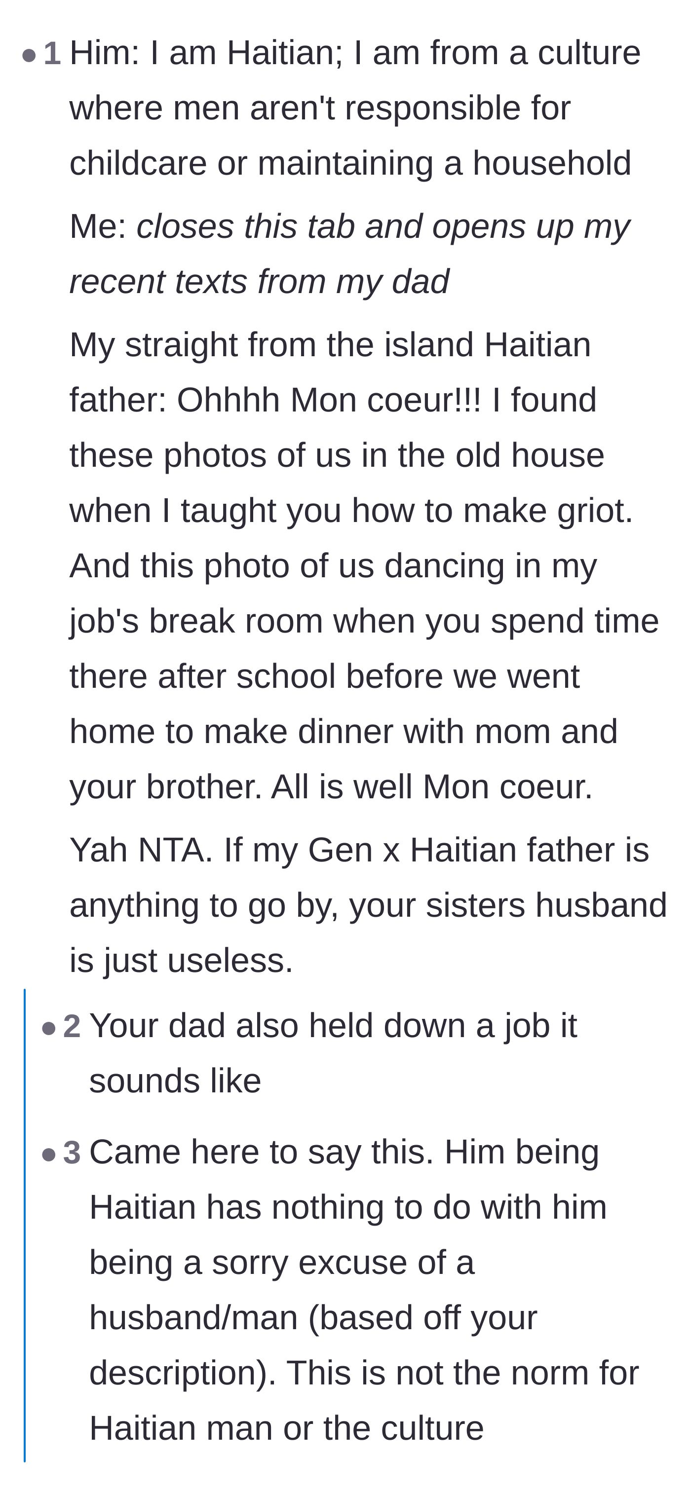 Comment thread 2 - A Haitian commenter debunks the brother-in-law's claim that his culture excuses him from household and childcare duties