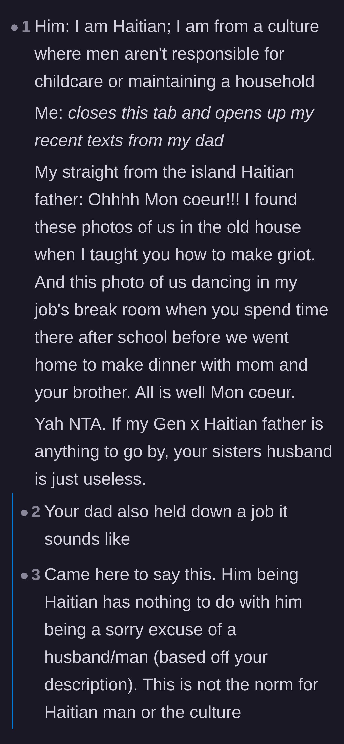 Comment thread 2 - A Haitian commenter debunks the brother-in-law's claim that his culture excuses him from household and childcare duties
