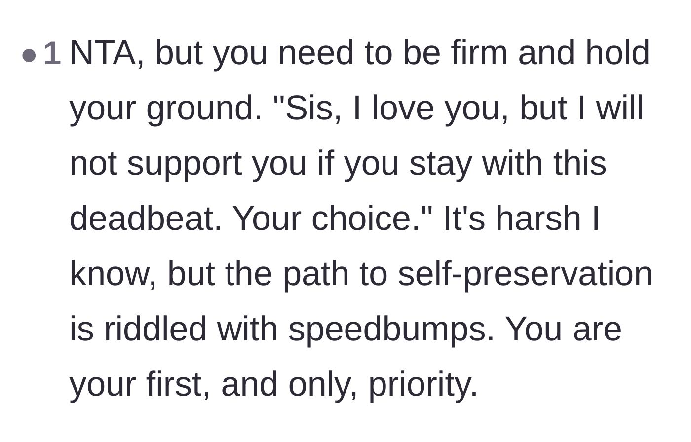 Comment thread 4 - A straightforward piece of advice urging the sibling to hold their ground and prioritize their own self-preservation