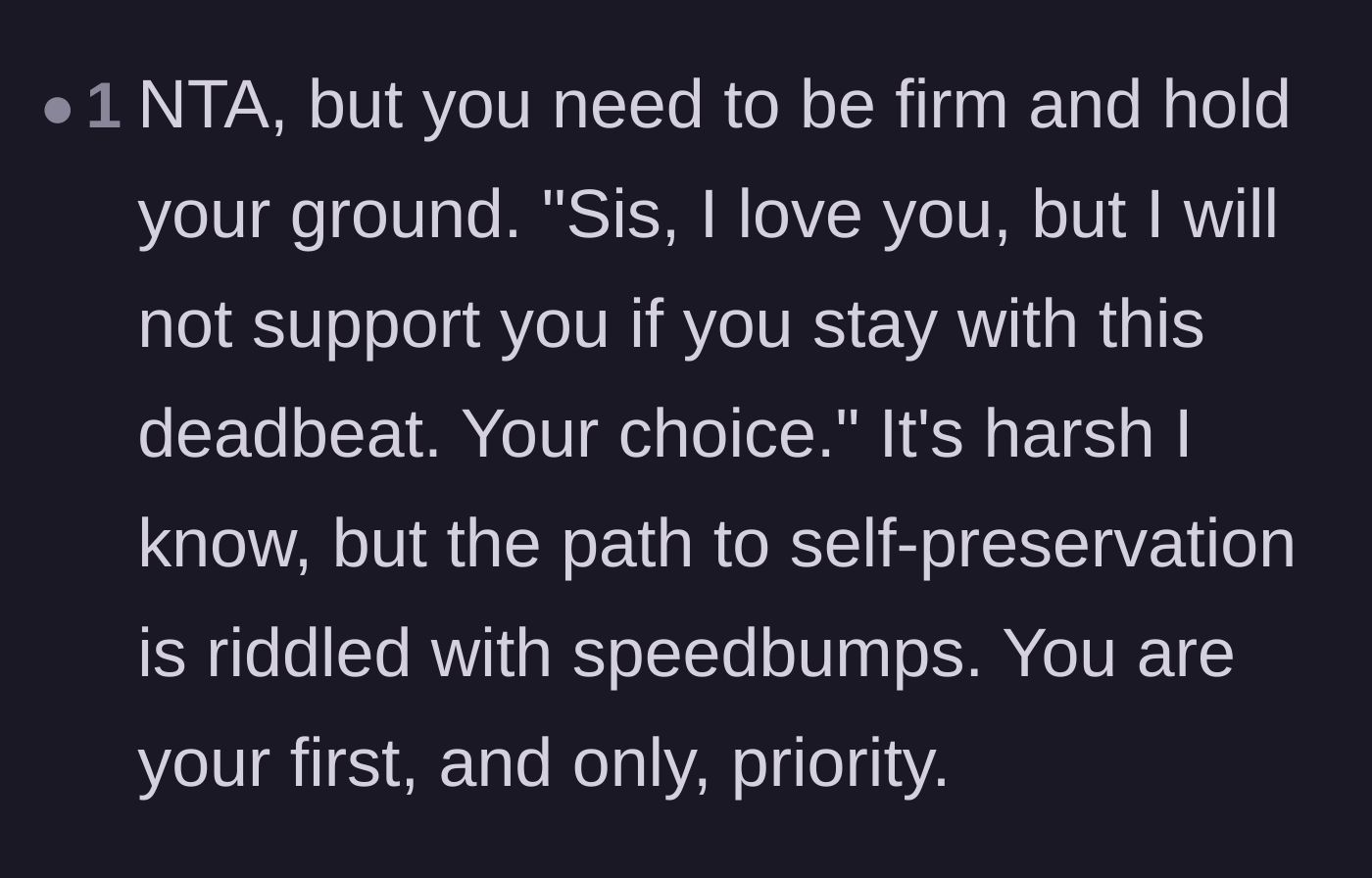 Comment thread 4 - A straightforward piece of advice urging the sibling to hold their ground and prioritize their own self-preservation