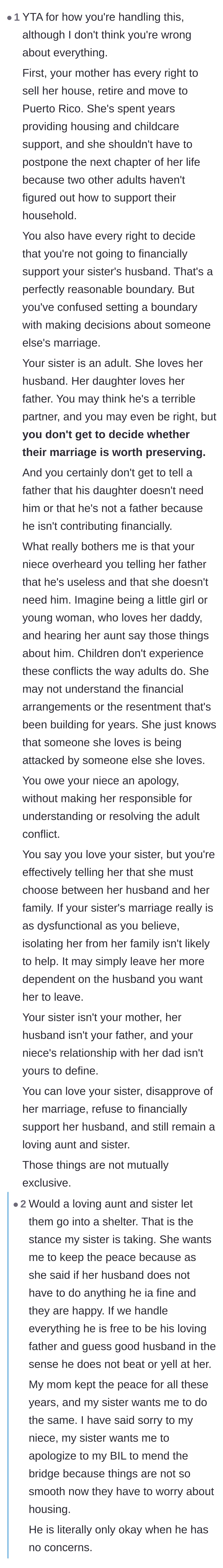 Comment thread 6 - A debate over whether the sibling crossed a line by insulting the father in front of the child, leading to a discussion about the sister's threat of homelessness