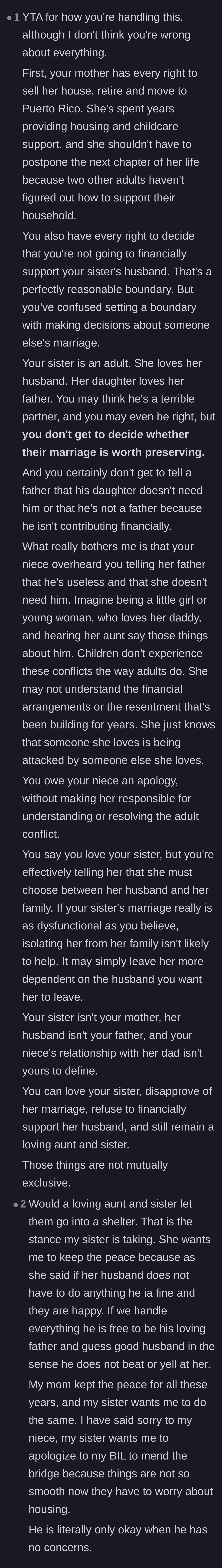 Comment thread 6 - A debate over whether the sibling crossed a line by insulting the father in front of the child, leading to a discussion about the sister's threat of homelessness