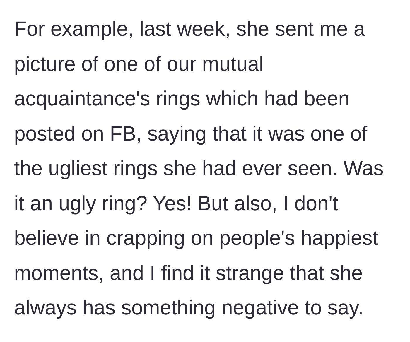 Story part 2 - A screenshot of an ugly ring from Facebook with a nasty, mocking message attached.