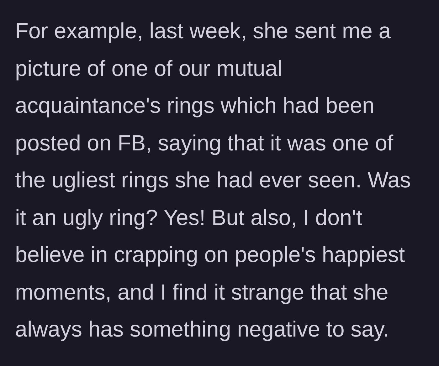 Story part 2 - A screenshot of an ugly ring from Facebook with a nasty, mocking message attached.