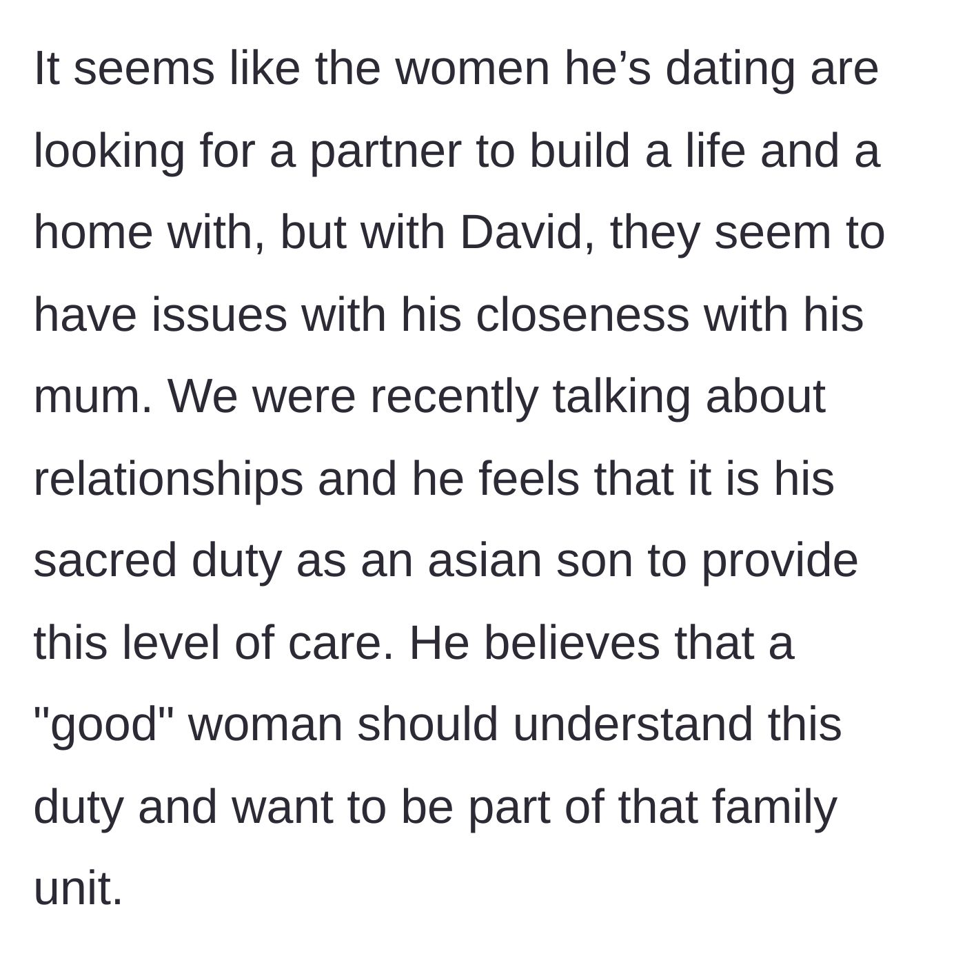 Story part 3 - The women wanting a life partner versus David's expectation of finding someone who accepts his filial piety.