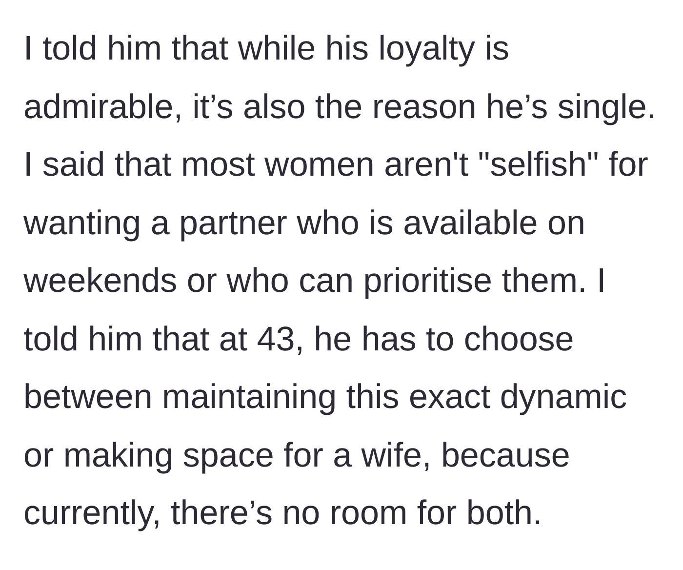 Story part 4 - The author telling David he has to choose between his current dynamic and making space for a wife.