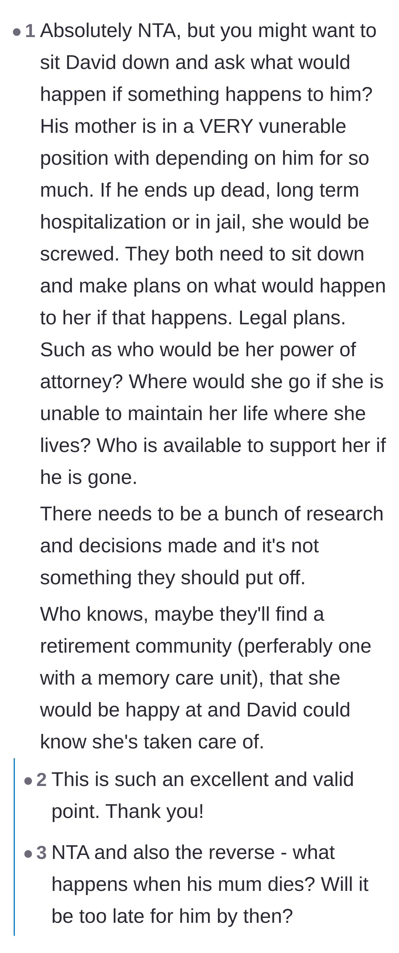 Comment thread 2 - Readers pointing out the logistical nightmare and risks of the mother having no backup plan if something happens to David.