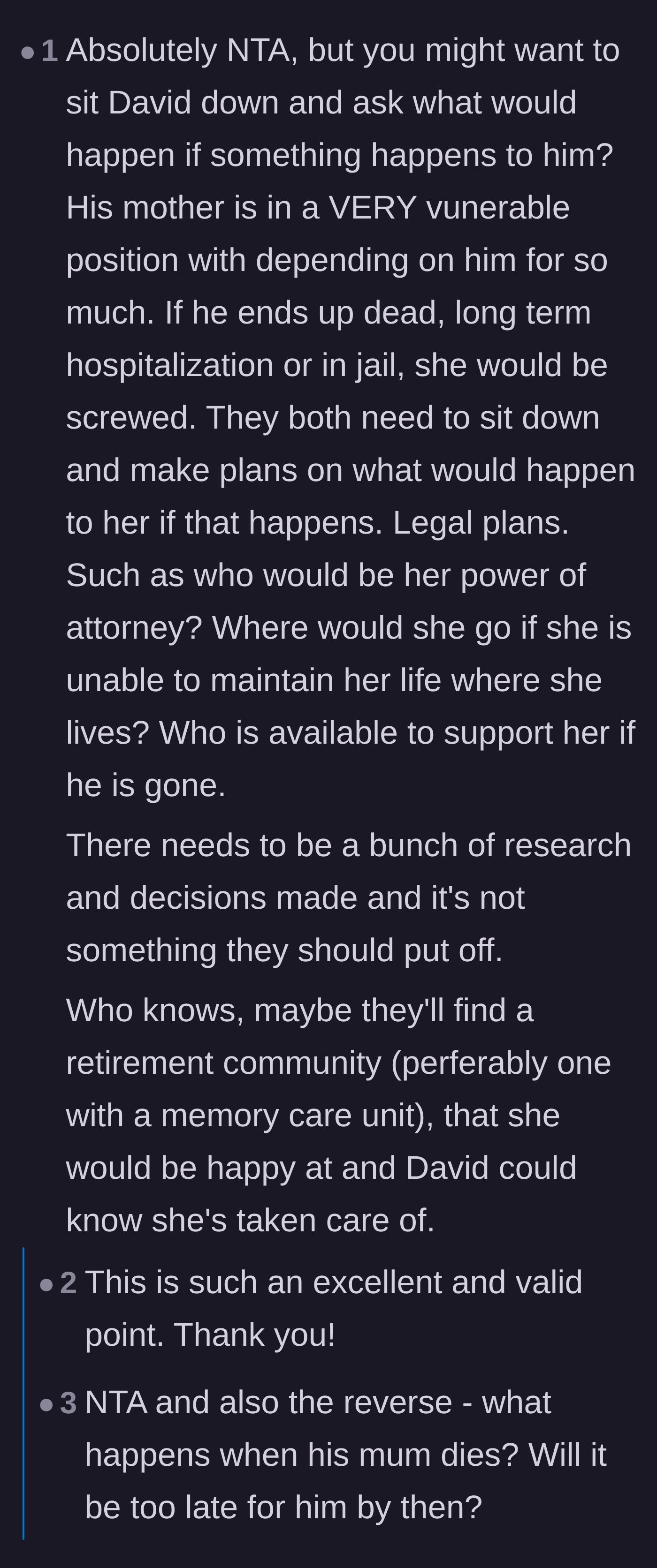 Comment thread 2 - Readers pointing out the logistical nightmare and risks of the mother having no backup plan if something happens to David.