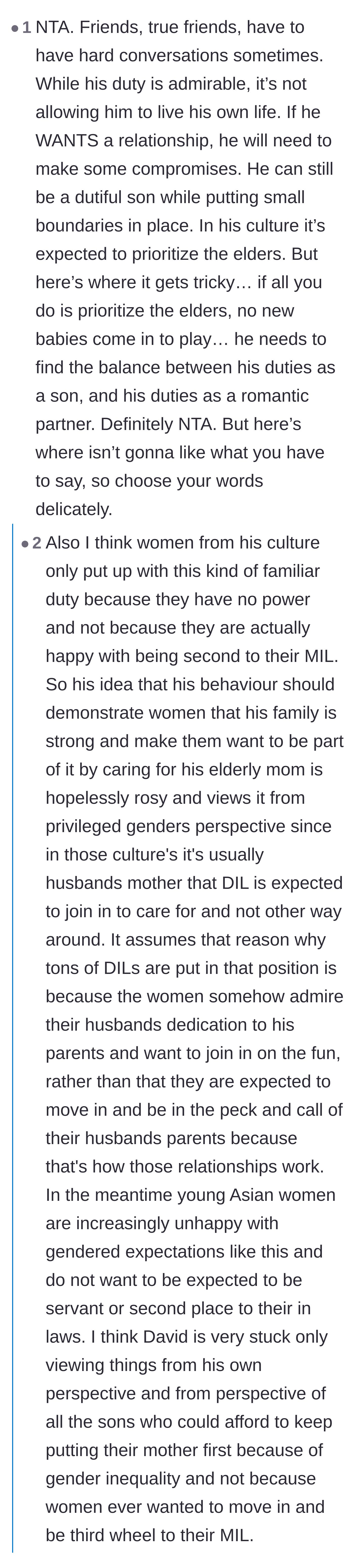 Comment thread 3 - A deep dive into how traditional expectations for daughters-in-law are rooted in historical gender inequality rather than actual desire.