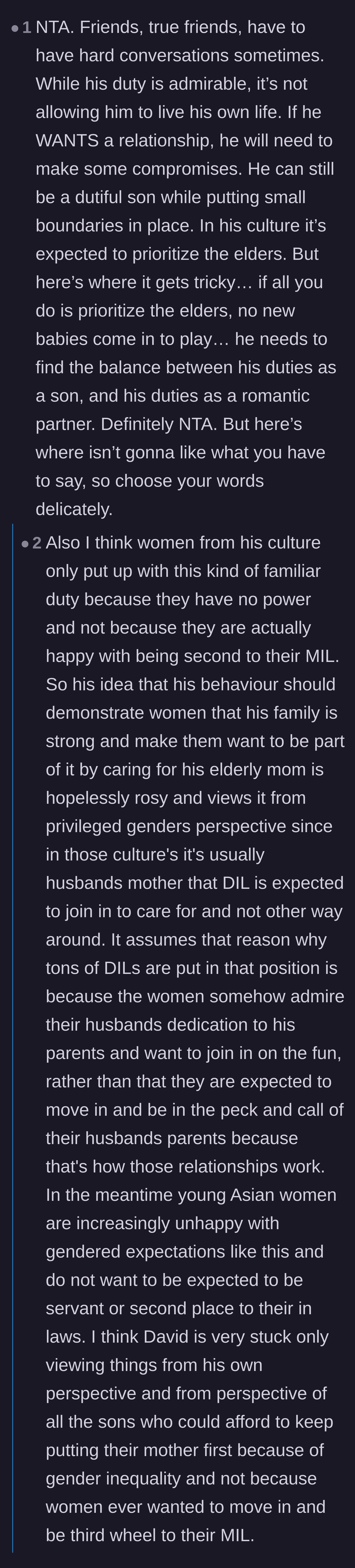 Comment thread 3 - A deep dive into how traditional expectations for daughters-in-law are rooted in historical gender inequality rather than actual desire.