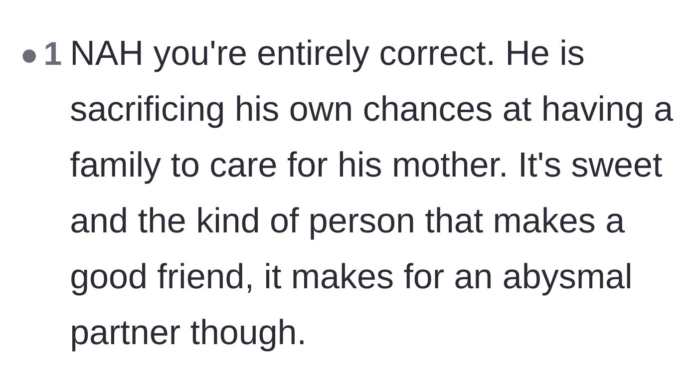 Comment thread 5 - A brief consensus that being a highly devoted son often translates into being a completely unavailable romantic partner.