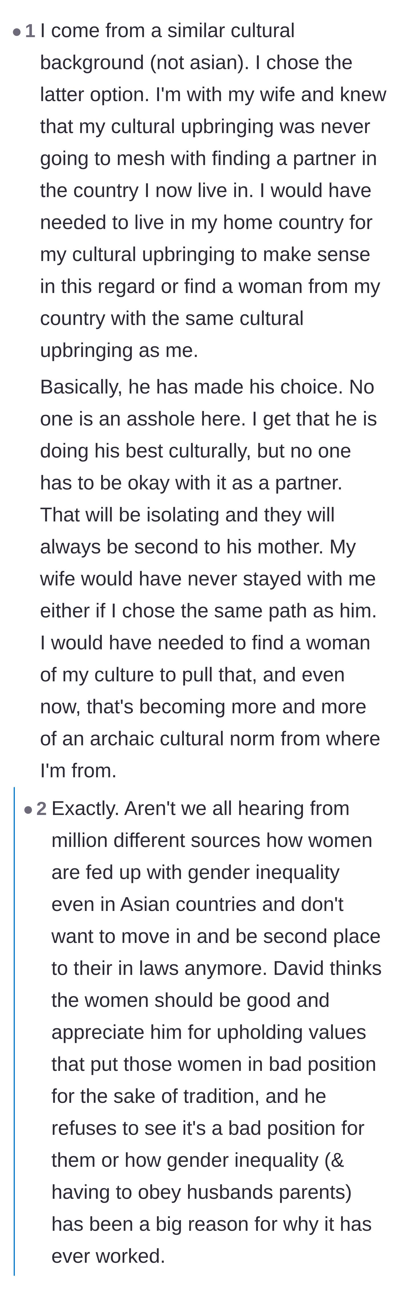 Comment thread 6 - A man from a similar cultural background explaining why he chose to prioritize his wife over traditional enmeshment.