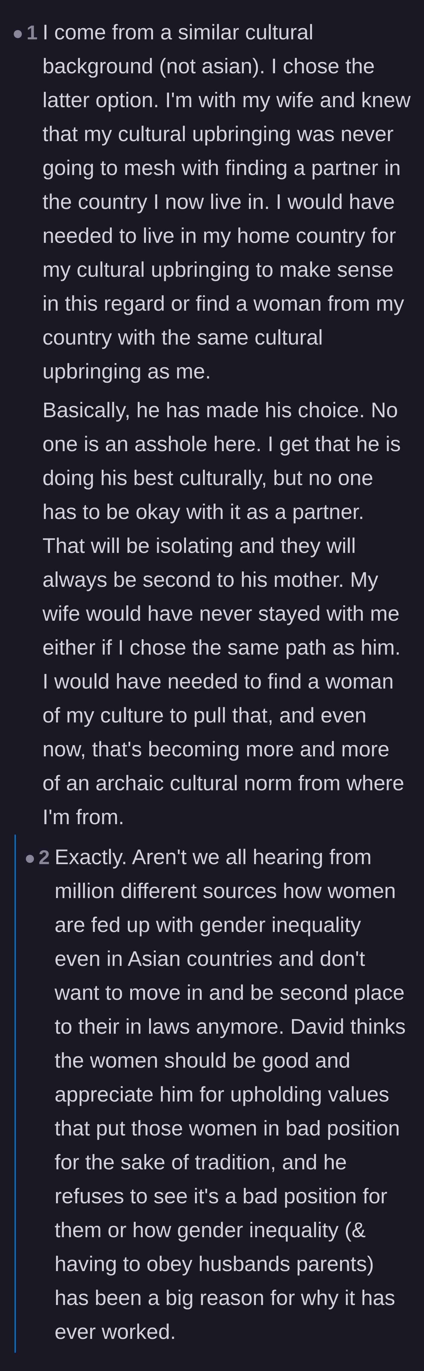 Comment thread 6 - A man from a similar cultural background explaining why he chose to prioritize his wife over traditional enmeshment.