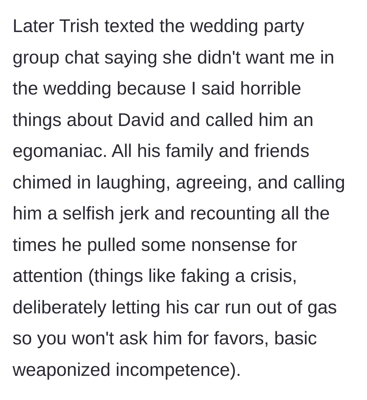 Story part 5 - The bride angrily texting the wedding group chat to kick the woman out, which completely backfires when the groom's family joins in to laugh and mock his weaponized incompetence.