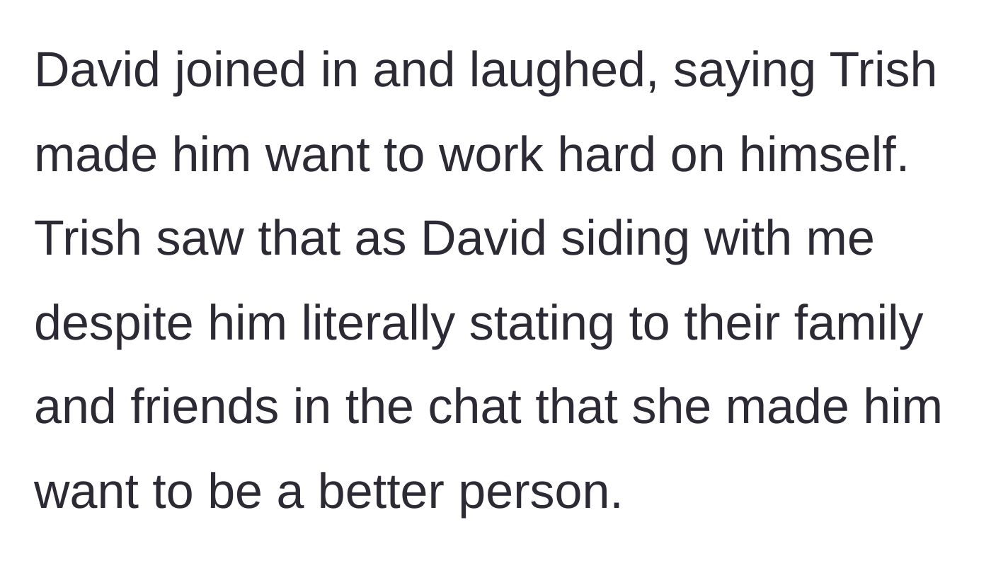 Story part 6 - The groom laughing along in the chat and crediting his bride for his growth, which the bride misinterprets as him taking the other woman's side.