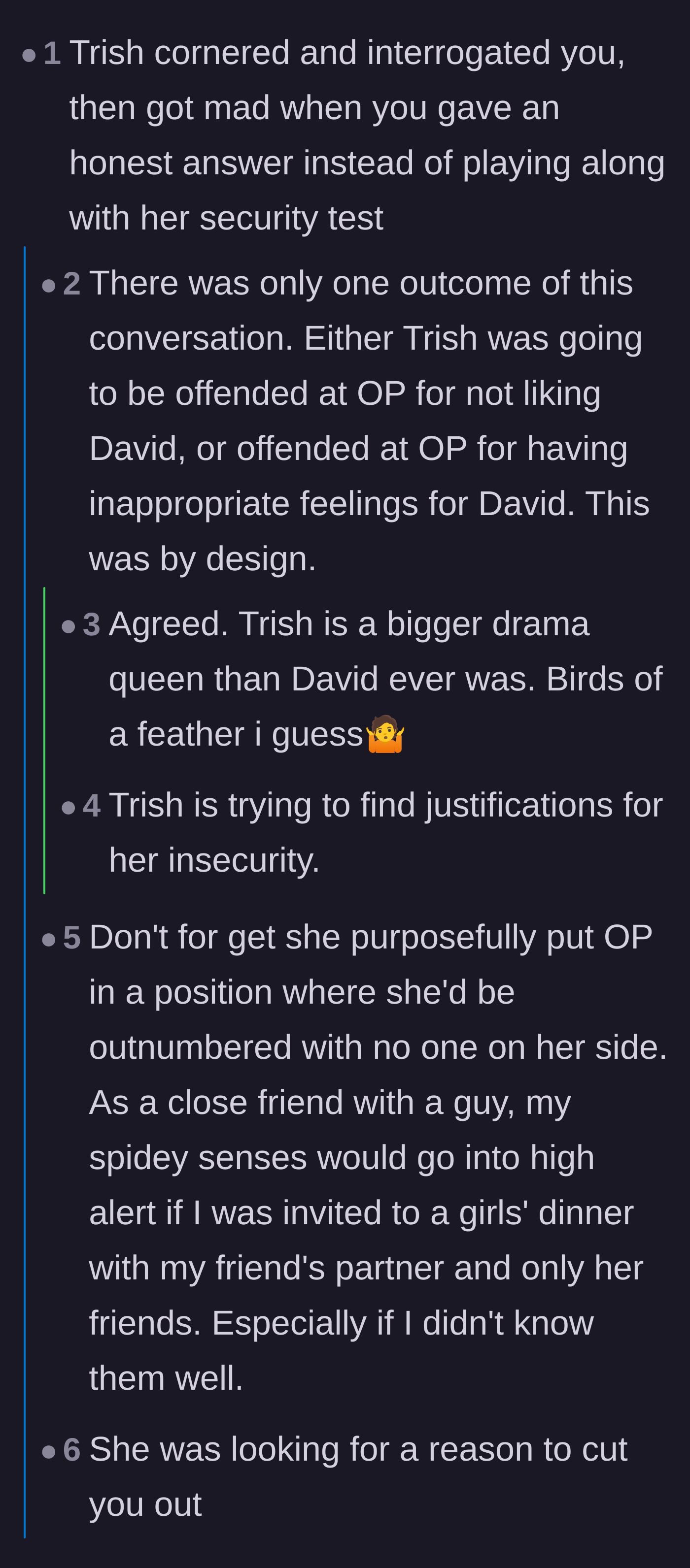 Comment thread 2 - Commenters calling out the bride for setting up a calculated ambush dinner where the best woman was intentionally outnumbered.