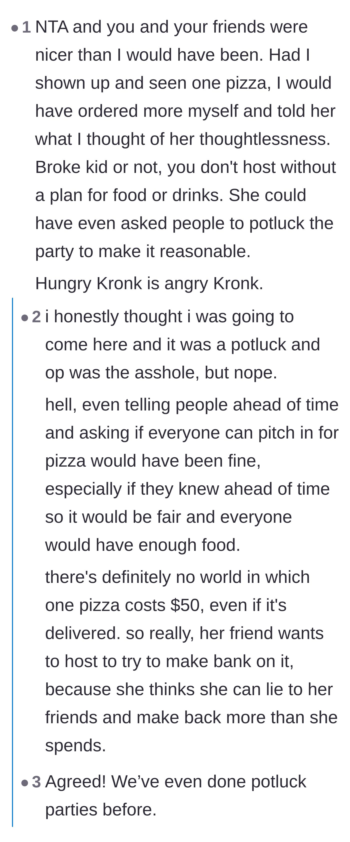Comment thread 2 - Commenters doing the math and realizing the host made a literal profit by charging fifty dollars for one pizza.