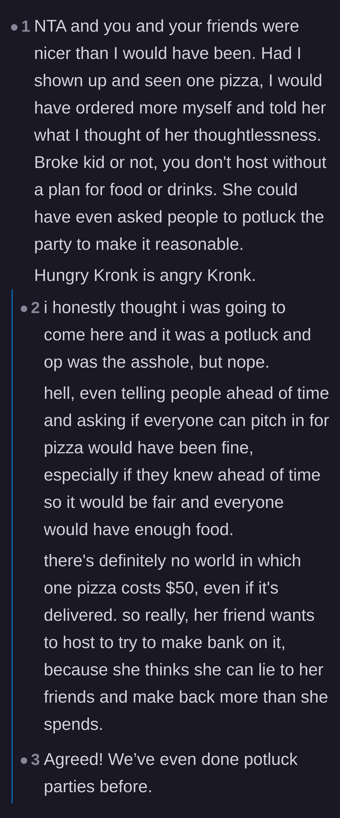 Comment thread 2 - Commenters doing the math and realizing the host made a literal profit by charging fifty dollars for one pizza.