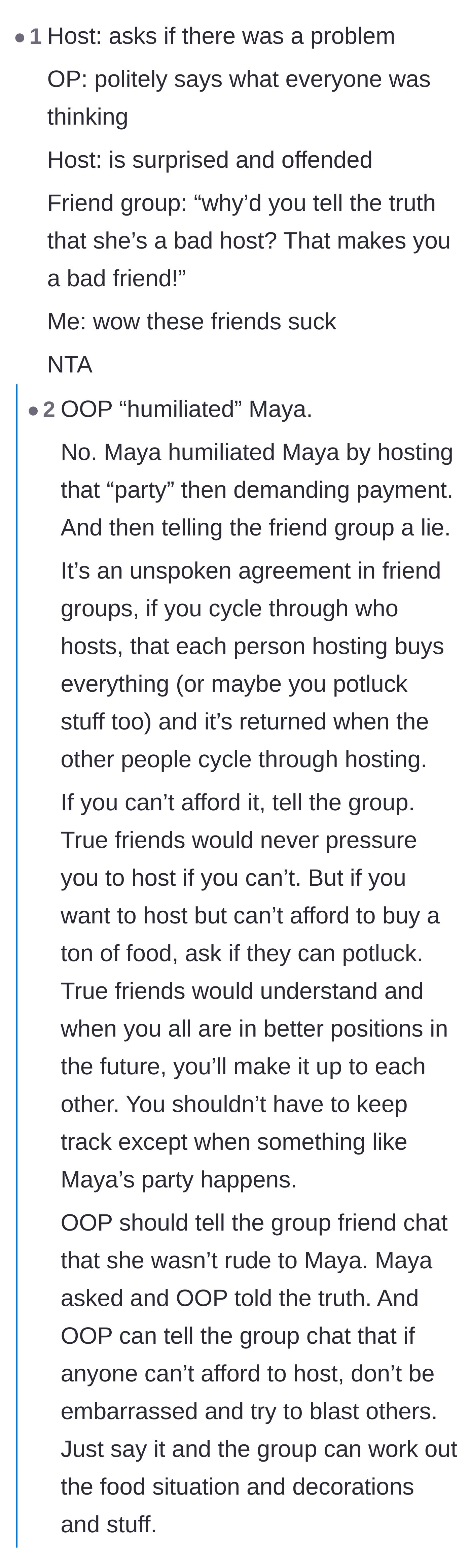 Comment thread 4 - A breakdown of how absurd it is that the friend group prefers comfortable lies over honest communication.