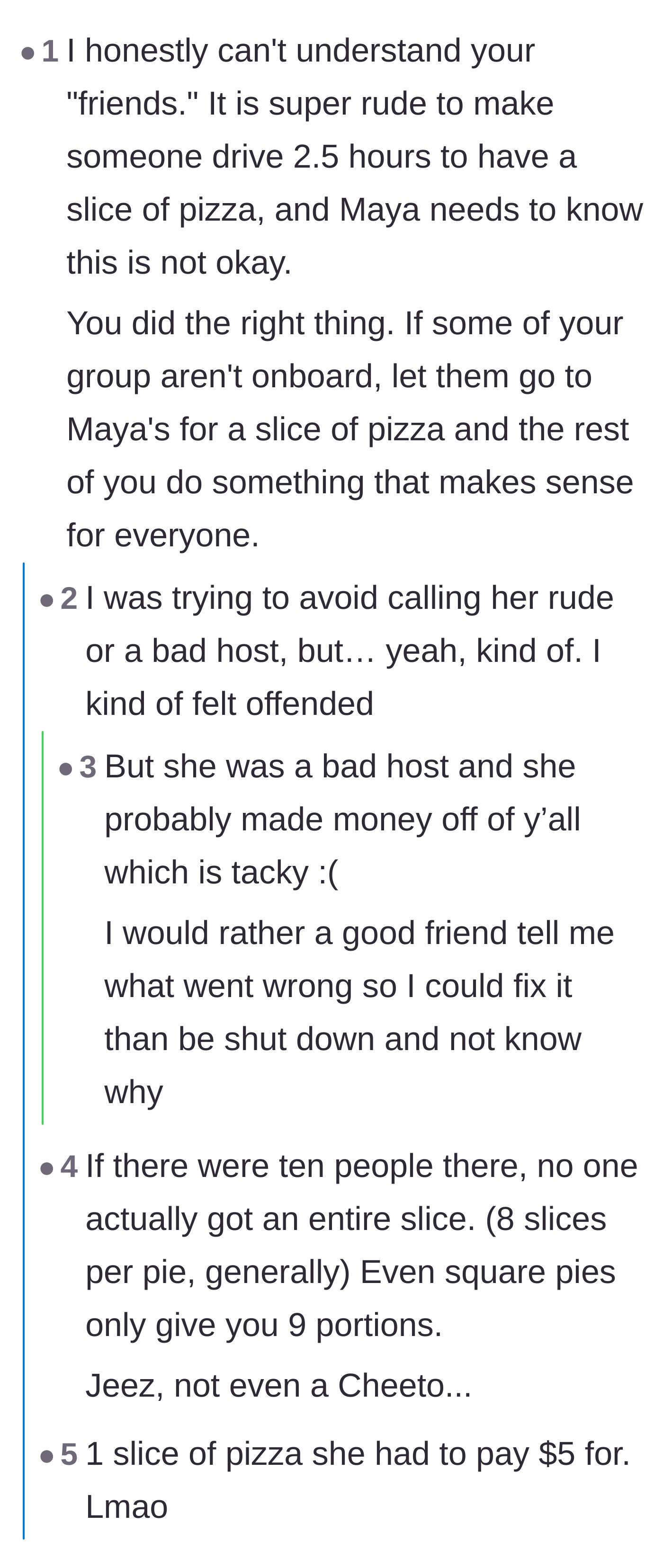 Comment thread 5 - Disbelief over making friends drive over two hours for less than one slice of pizza per person.