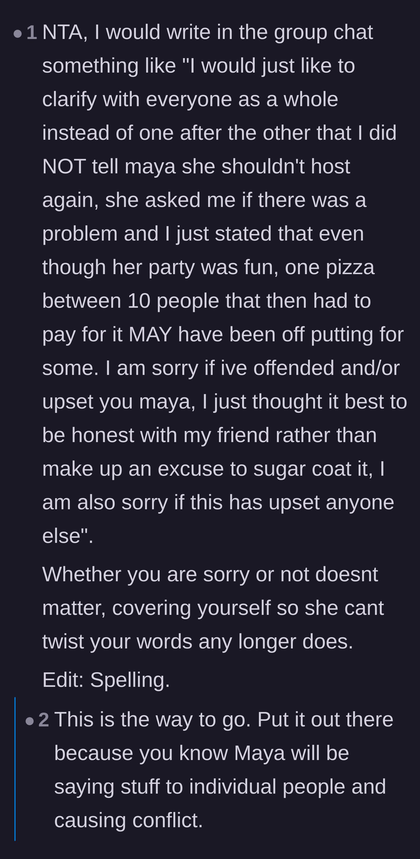 Comment thread 6 - Strategic advice on how the main character should text the main group chat to clear her name and shut down the gossip.