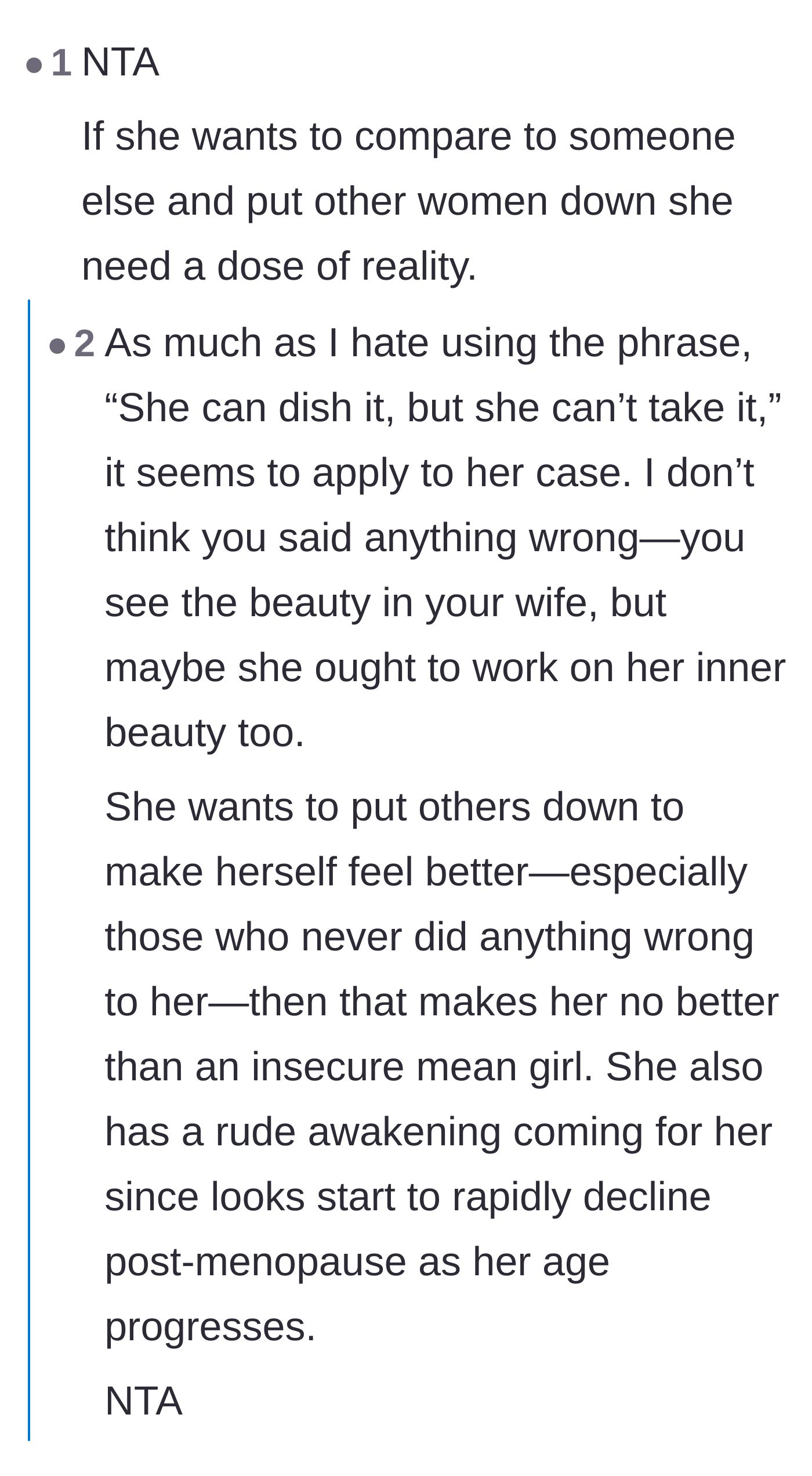 Comment thread 1 - A discussion on how society conditions women to judge each other's looks to cope with their own aging insecurities.