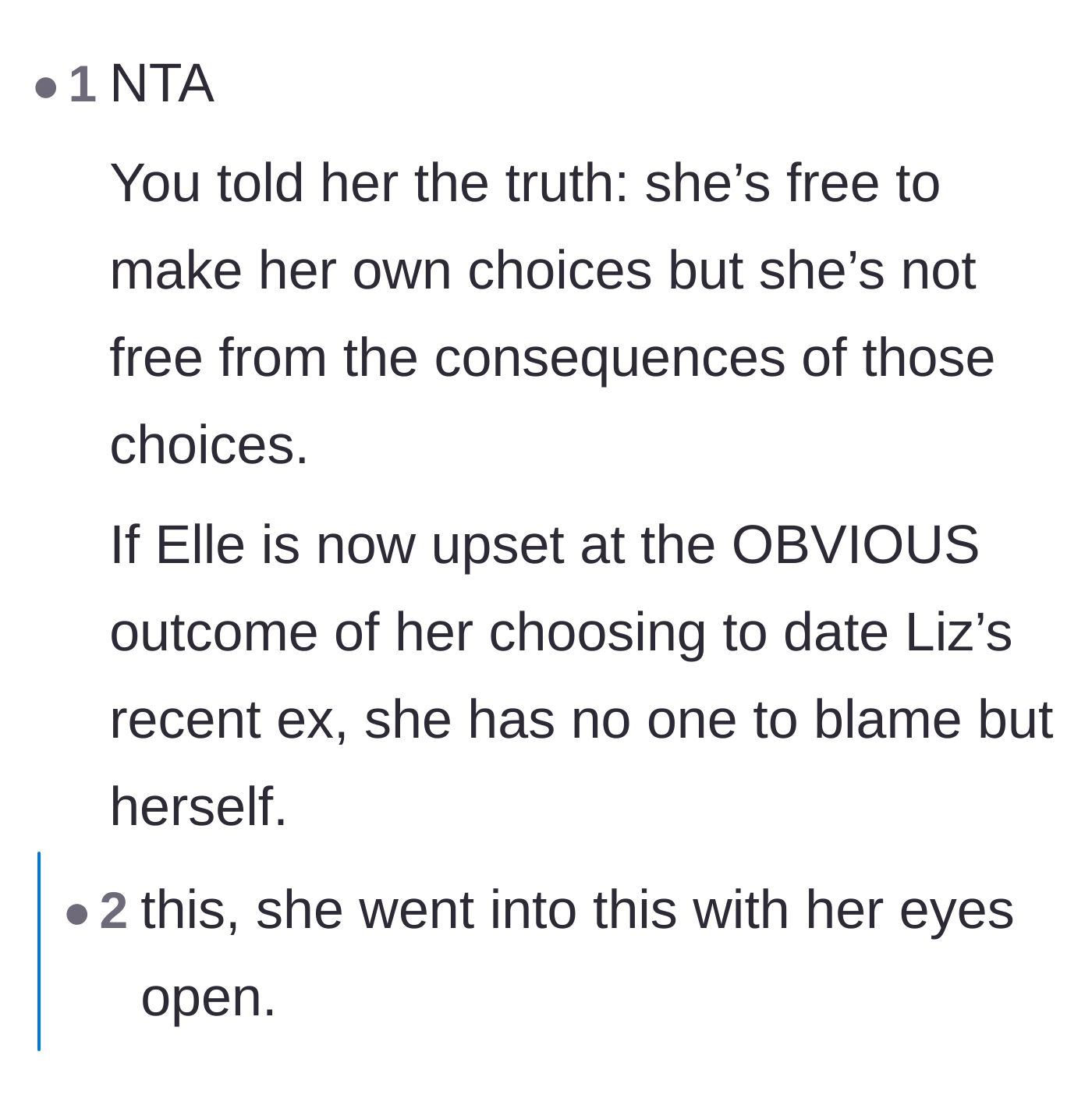 Comment thread 1 - A discussion on how Elle ignored obvious warnings and the impossibility of staying neutral in a friend group.