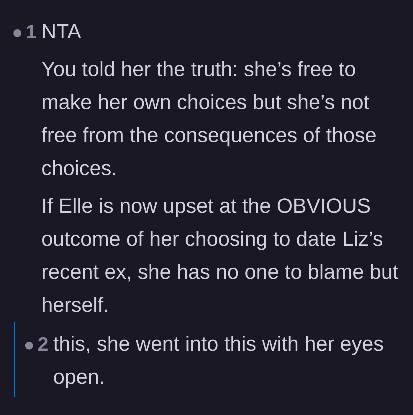 Comment thread 1 - A discussion on how Elle ignored obvious warnings and the impossibility of staying neutral in a friend group.