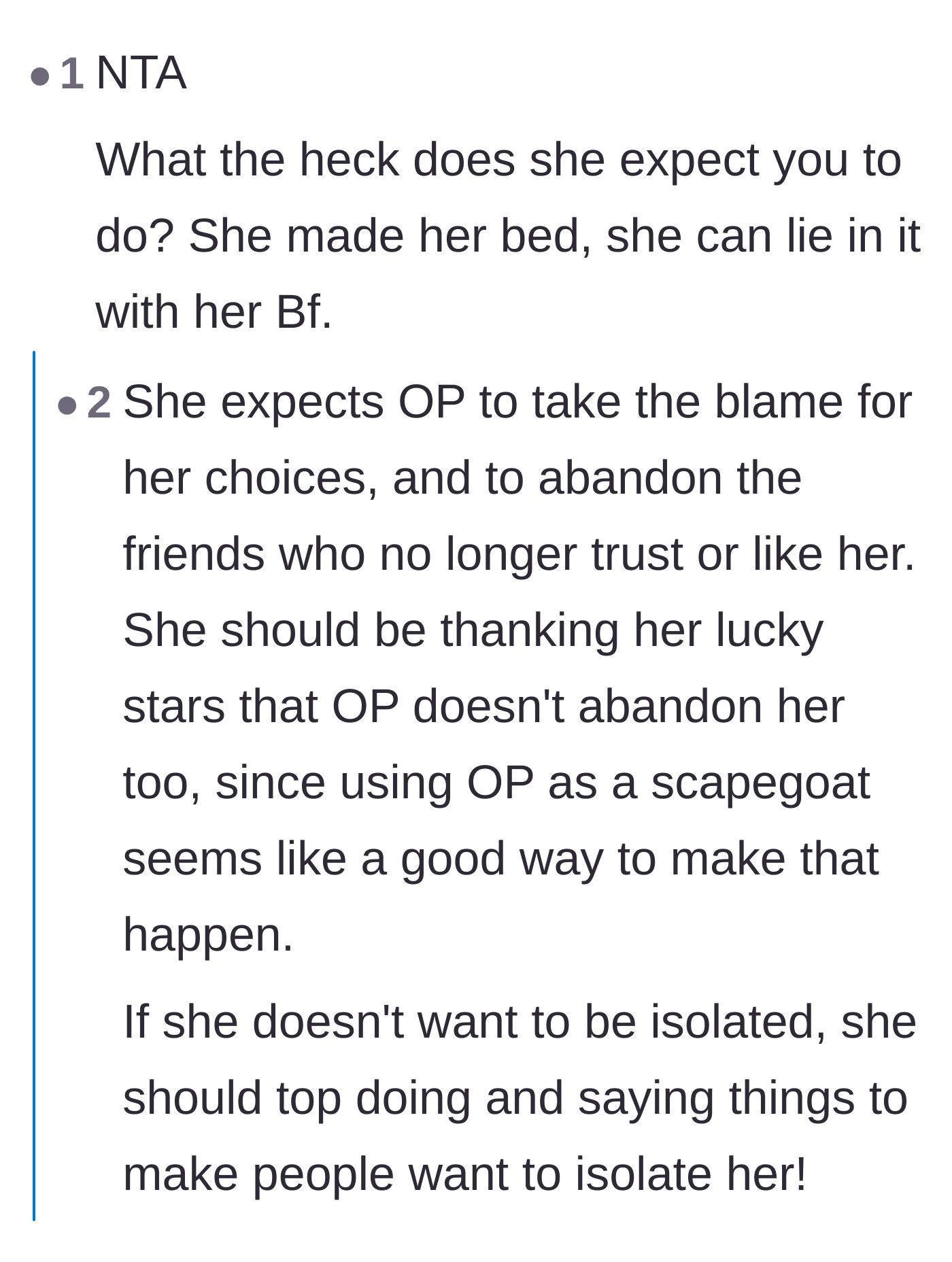 Comment thread 2 - Commenters calling out Elle's expectation that the author should abandon the group to keep her company.