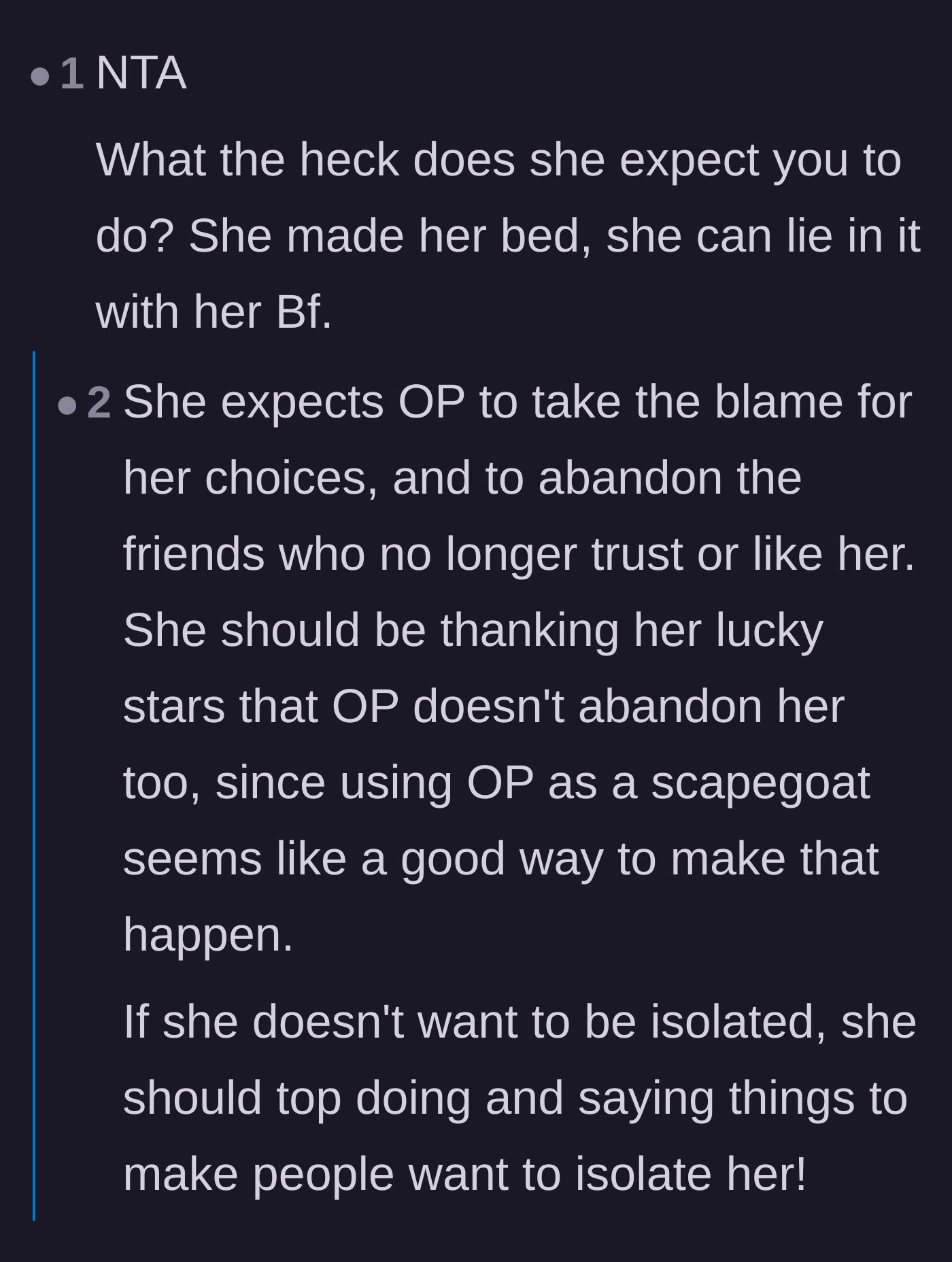 Comment thread 2 - Commenters calling out Elle's expectation that the author should abandon the group to keep her company.