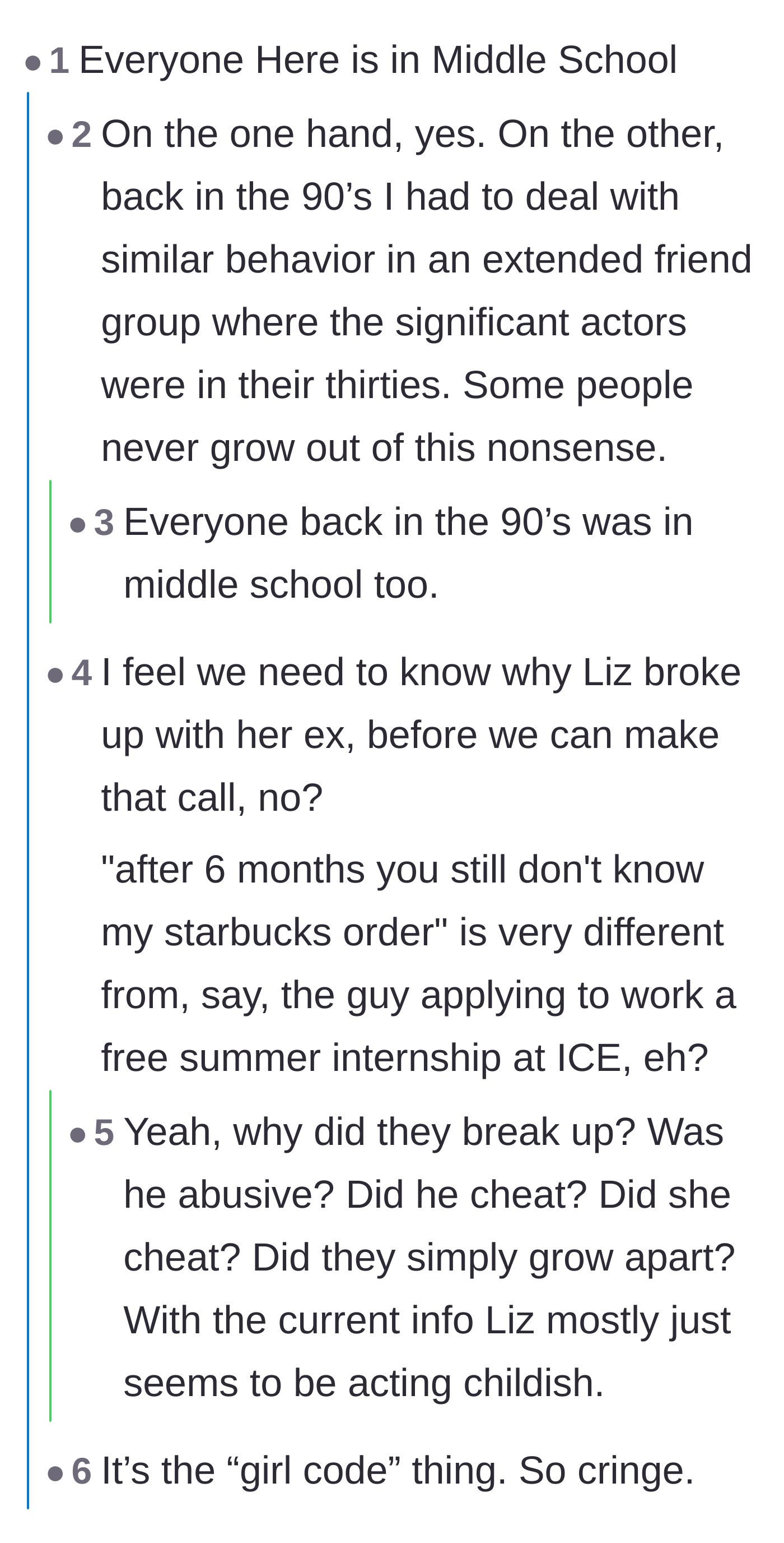 Comment thread 3 - A debate on whether the drama feels immature and if the reasons for the original breakup even matter.