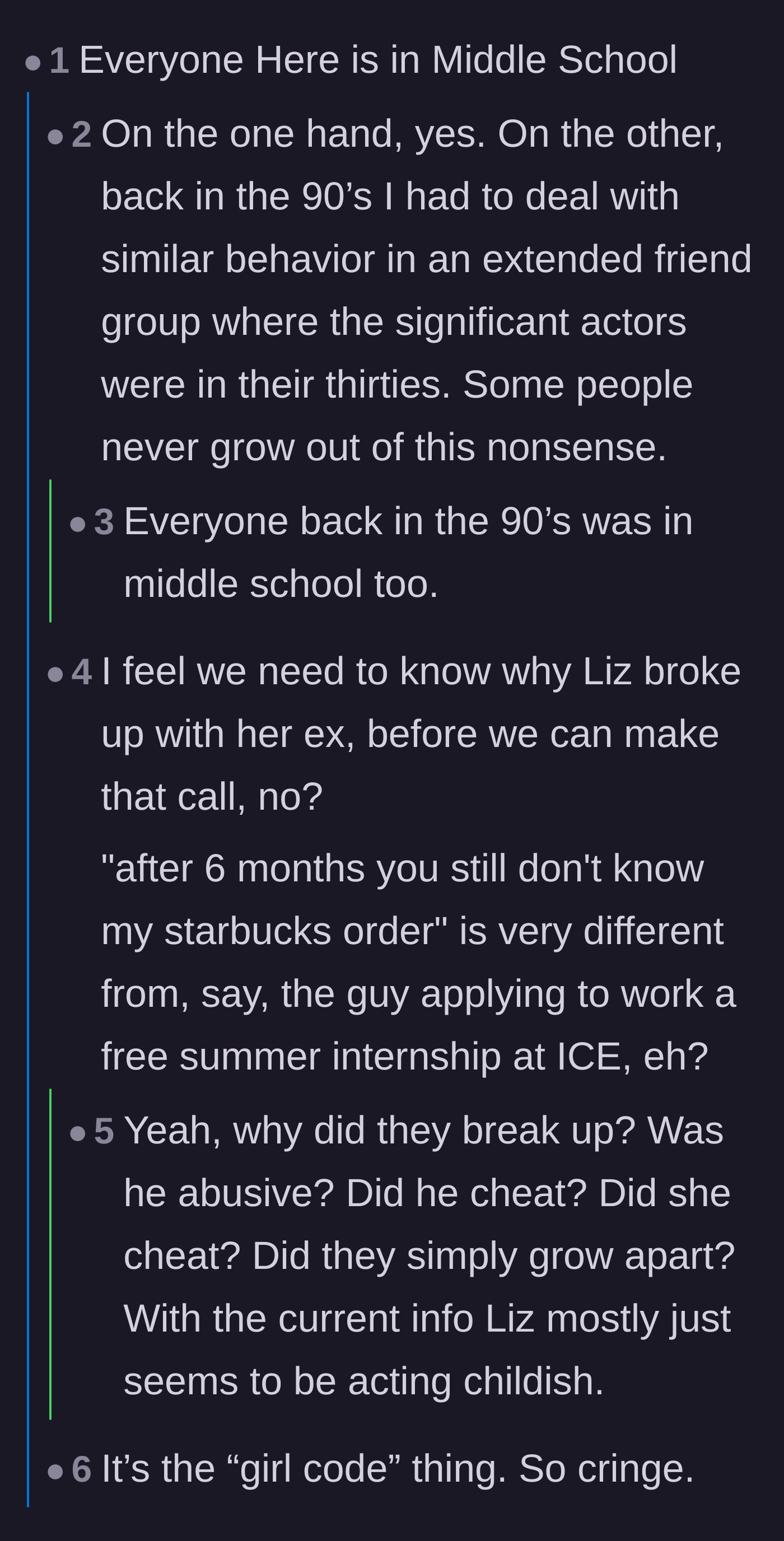 Comment thread 3 - A debate on whether the drama feels immature and if the reasons for the original breakup even matter.