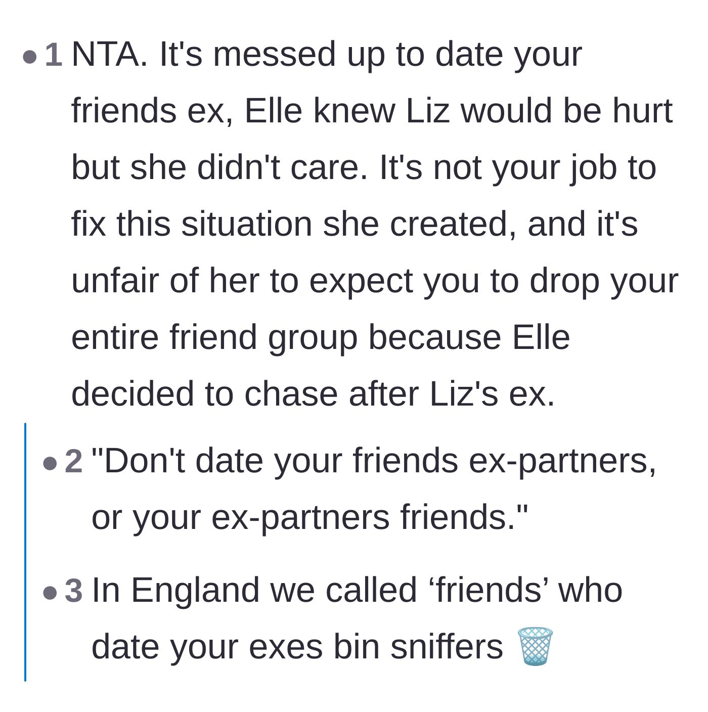 Comment thread 4 - Readers agreeing that dating a friend's ex is a major violation and sharing the brutal British slang 'bin sniffers.'